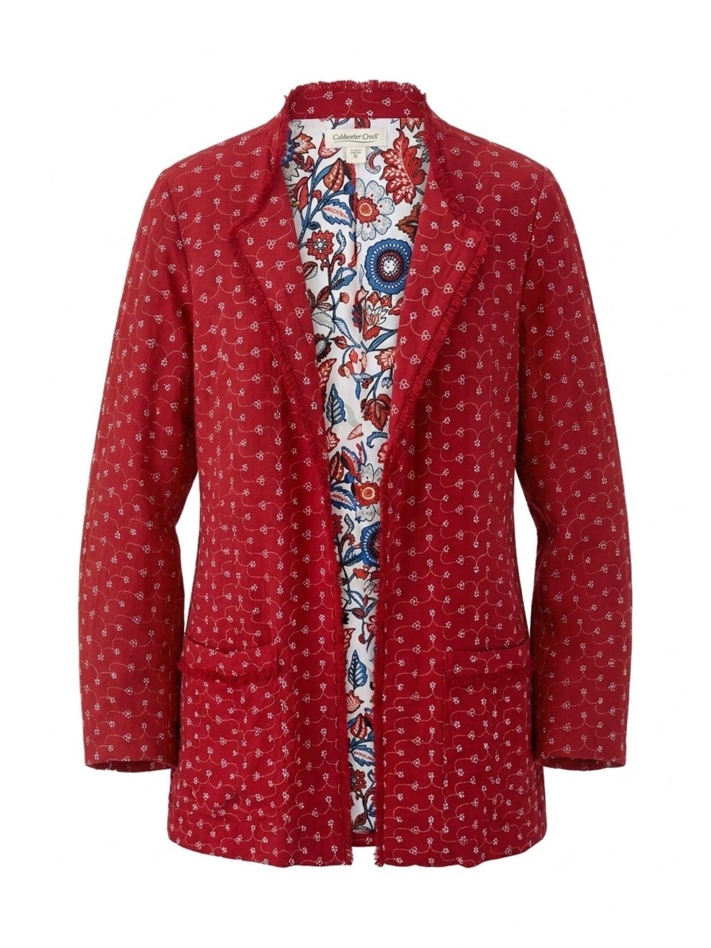 Coldwater Creek Red Floral Embroidered Boho Fringe Open Front Lined Jacket M